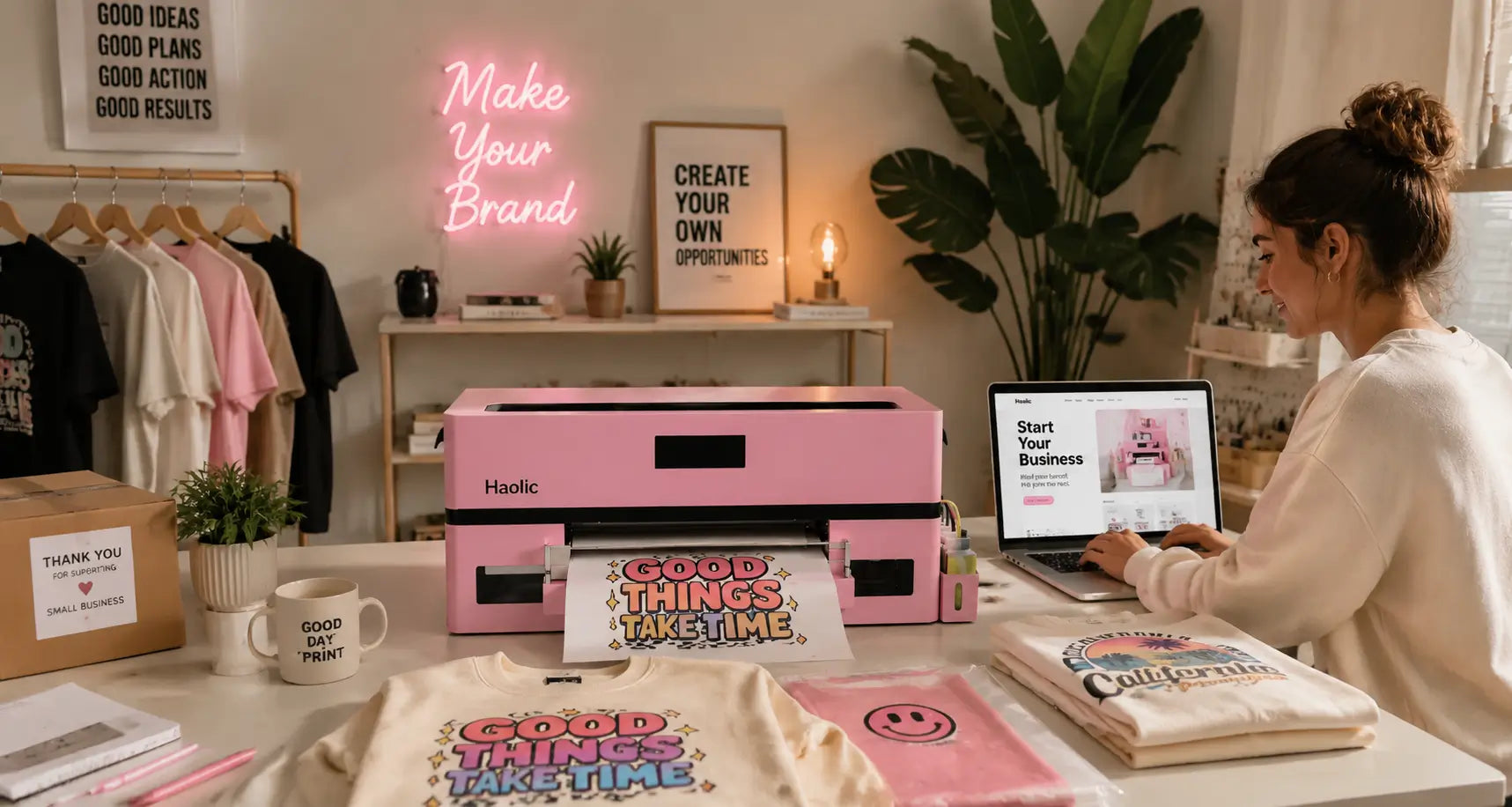 Haolic DTF printer in a small custom printing business workspace